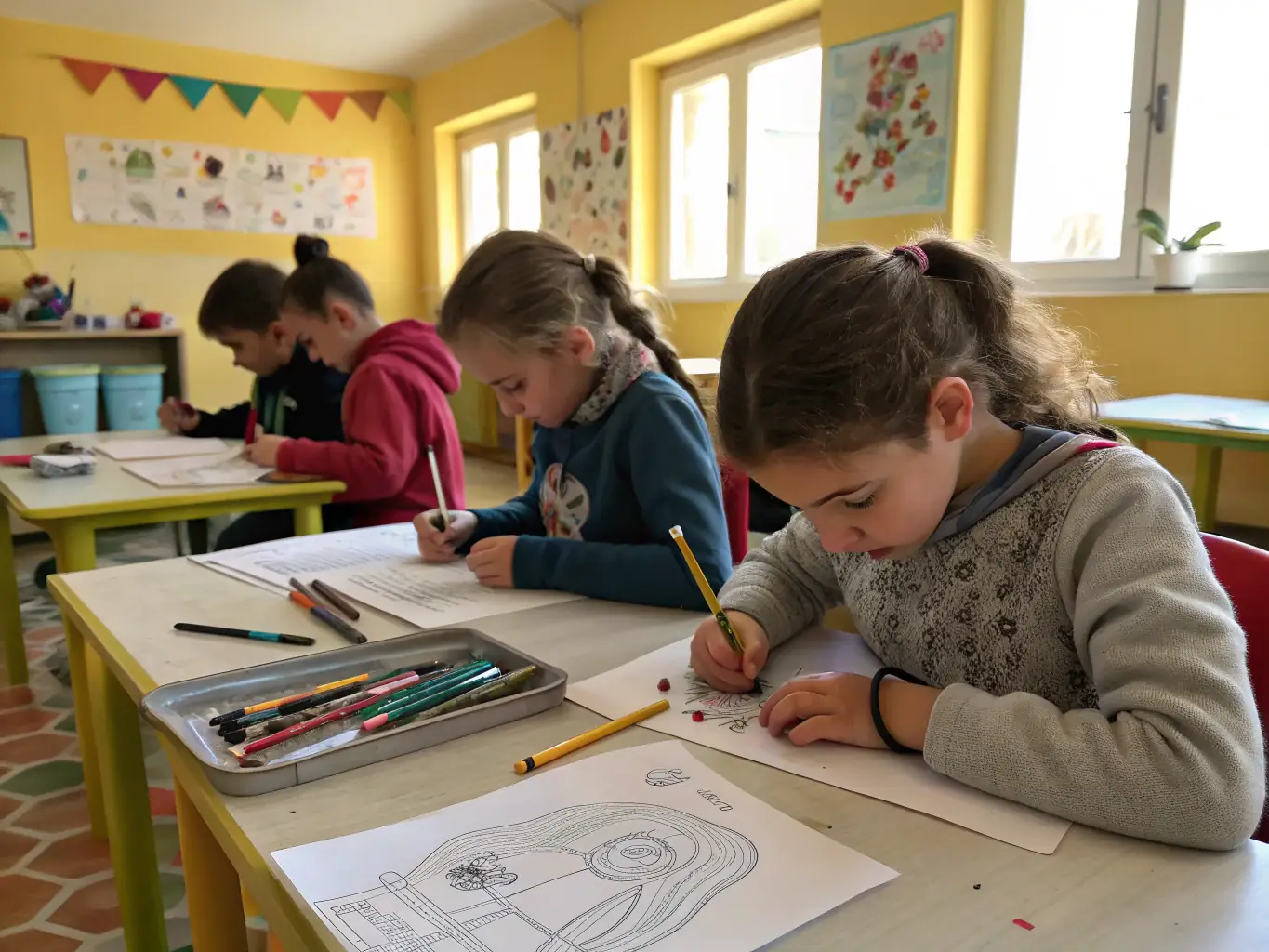 A vibrant image depicting children participating in an art workshop organized by L'AUTHRE VALLEE DES POETES, showcasing their engagement with local artistic traditions.