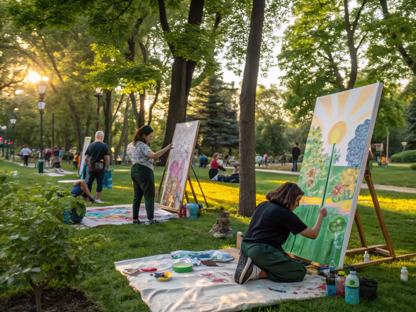 A vibrant photograph capturing a children's art workshop in the Authre valley, showcasing young participants engaged in painting and creative activities, with local artists guiding them.