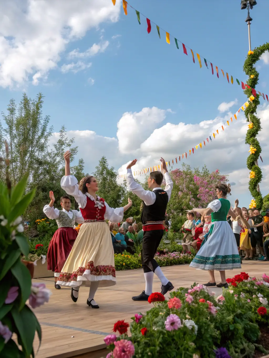 A photograph of a community event celebrating local heritage, showcasing traditional music, dance, and crafts.