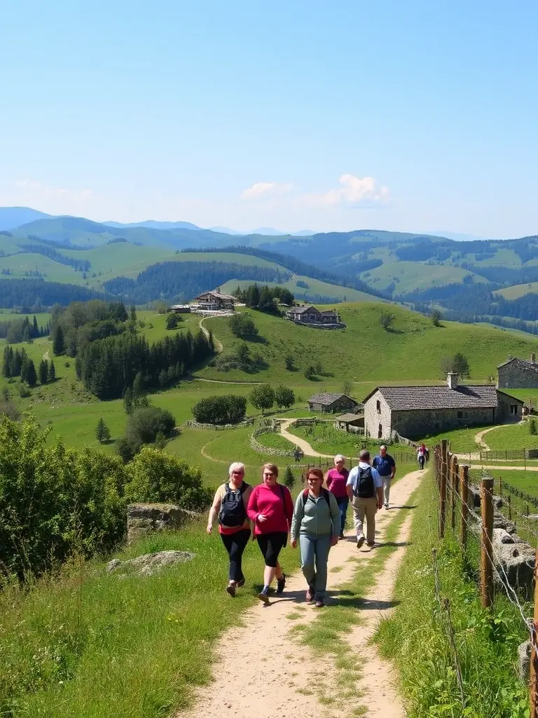A picturesque scene of a guided tour through the Authre Valley, showcasing historical landmarks and natural beauty, with participants learning about the region's cultural significance.