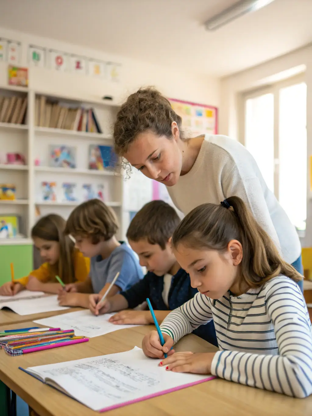 A vibrant photograph capturing children participating in a poetry workshop in a local school, showcasing the organization's educational initiatives.