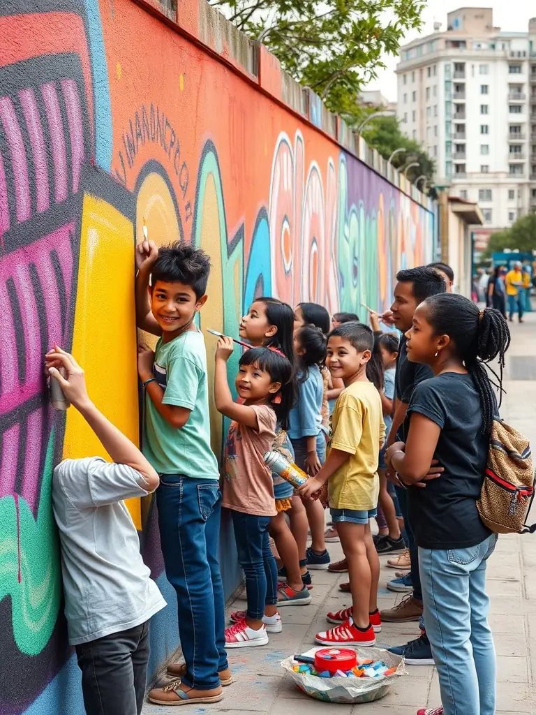 An image of local artists collaborating on a mural project in the Authre Valley, reflecting the organization's support for artistic creation.