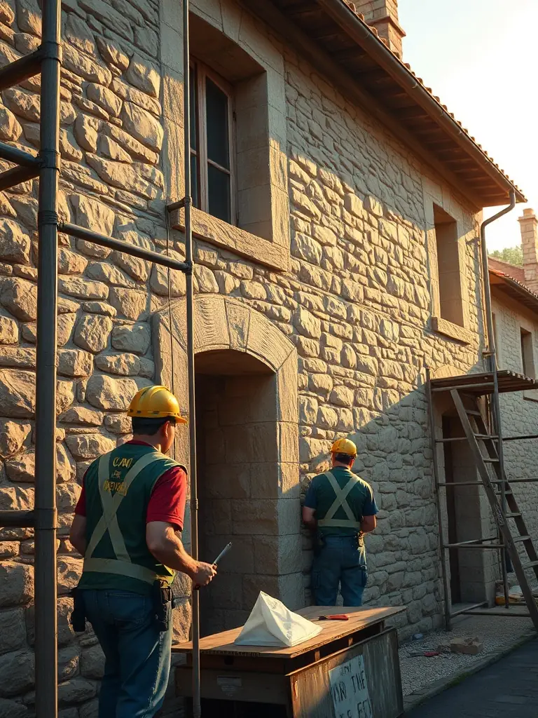 A heartwarming image of volunteers working together to restore a historical building in the Authre Valley, emphasizing the community's commitment to preserving its cultural heritage.