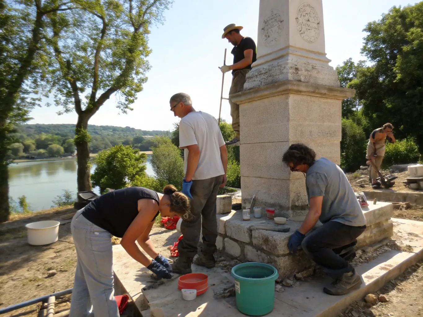 A captivating photo of a heritage site in the Authre valley, highlighting its historical significance and cultural value, with volunteers and preservationists working to maintain its integrity.
